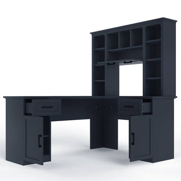 English Elm L-shaped Home Office Desk with Open Shelves Flip Shelf Cabinets and Drawer Storage Antique Blue W1580S00494
