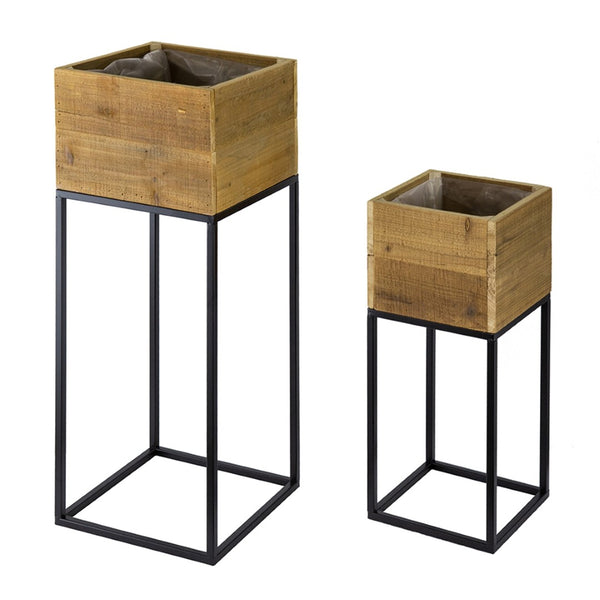 English Elm Set of 2 Reclaimed Wood Box Plant Stands with Iron Legs for Farmhouse Decor W2078P496651