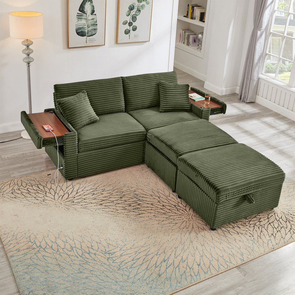 English Elm Comfortable Plush Corduroy Sofa with Hidden Storage Ottoman, USB Charging and Lift-Up Tabletop Green W3705S00007
