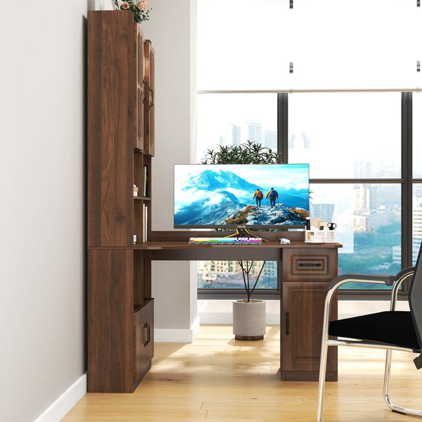 English Elm L-Shaped Corner Computer Desk with Hutch, Drawer & Shelves for Spacious Home Office Organization Walnut W331S00187