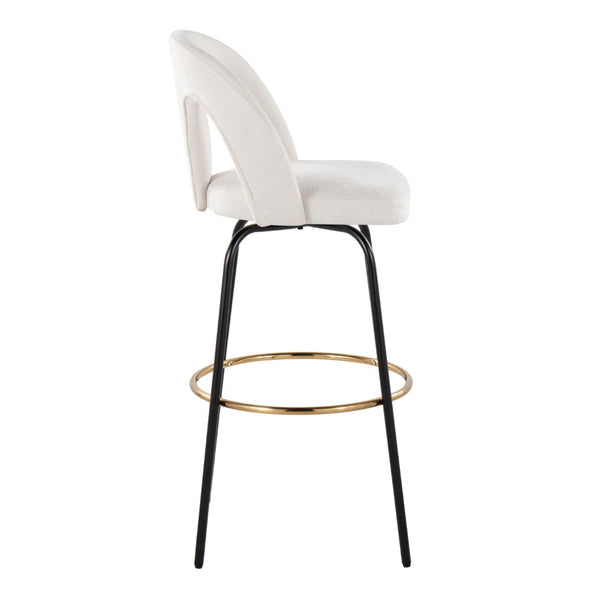 English Elm Fixed-height Swivel Barstools with Gold Footrest Black Frame White Upholstery Set B202S01873