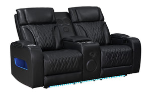 English Elm Jazmina Power Reclining Loveseat with Quilted Leather Aire Bluetooth Speakers and Led Lighting Black B2749P413350