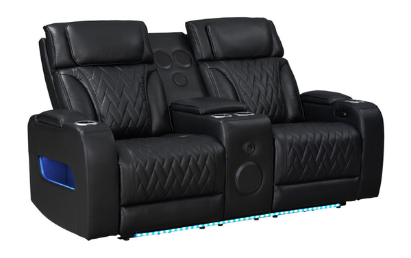 English Elm Jazmina Power Reclining Loveseat with Quilted Leather Aire Bluetooth Speakers and Led Lighting Black B2749P413350