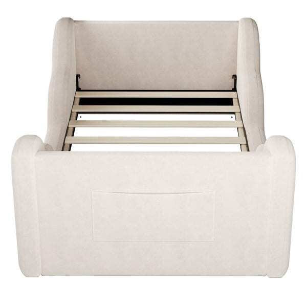English Elm Toddler Floor Bed Velvet Upholstered Cloud Frame with Safety Rails and Storage Pocket N899P452412A