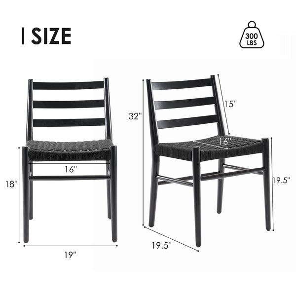 English Elm Wood Rattan Dining Chairs Set of 2 — Fully Assembled Beech Wood, Ergonomic Back, 300lb Capacity, Black T3623P381090