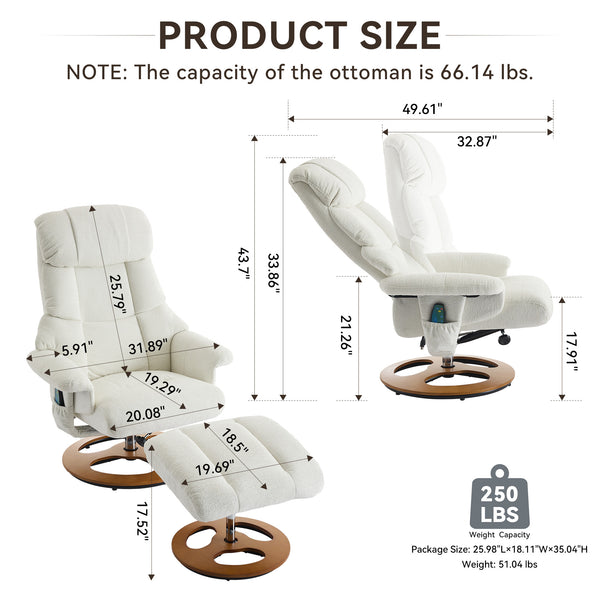 English Elm 010-Ergonomic Recliner Chair with Ottoman — 360° Swivel Lounge, Chenille Comfort, Heated Seat, Massage, Adjustable Backrest White W2636P262424