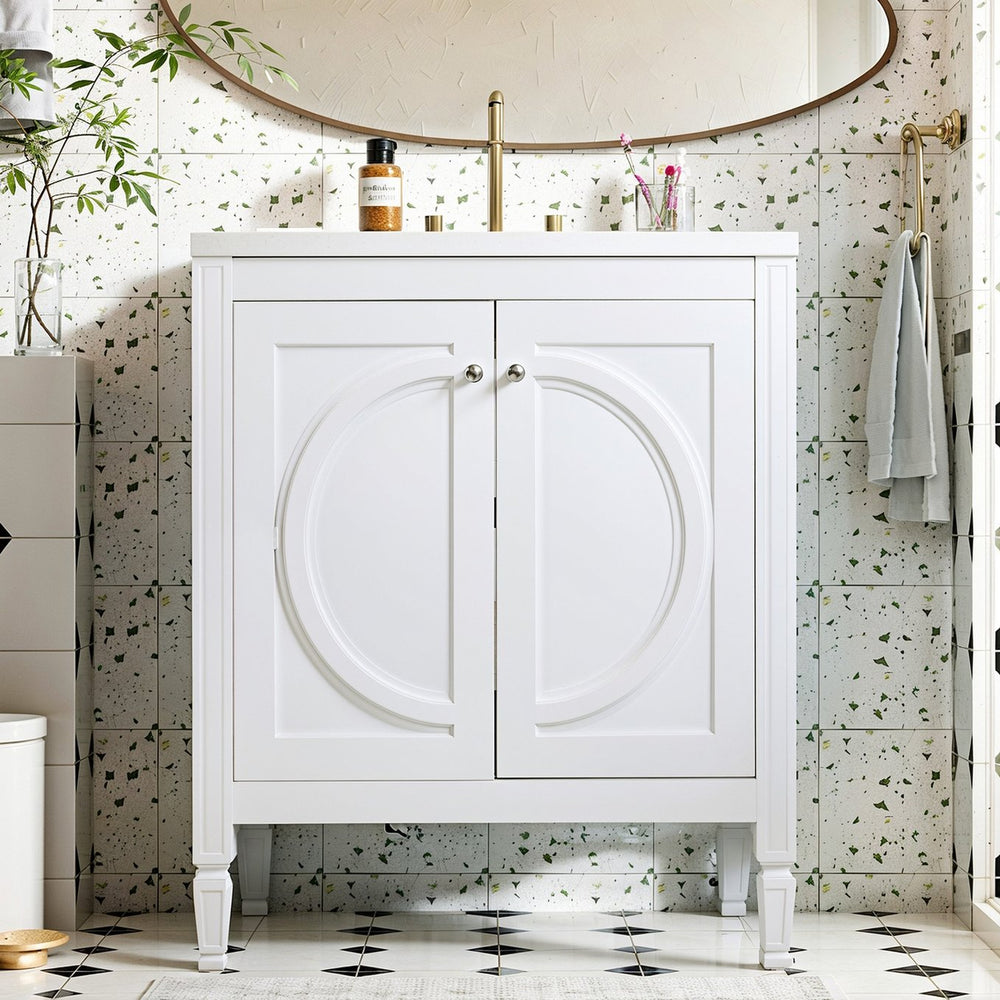 English Elm 30" Vintage White Bathroom Vanity with Ceramic Sink, No Assembly, Soft-Close Doors & Spacious Storage W2896P318470