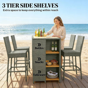 English Elm Garden Dialogue Acacia and Wicker Outdoor Bar Set with Four Tucking Barstools Gray,Natural Wood T3971S00204