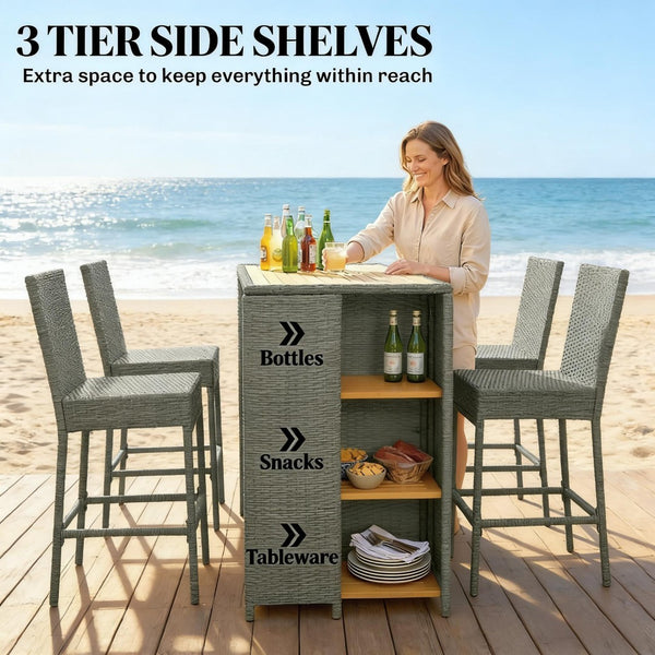 English Elm Garden Dialogue Acacia and Wicker Outdoor Bar Set with Four Tucking Barstools Gray,Natural Wood T3971S00204