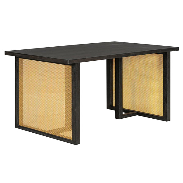 English Elm TREXM 7-Piece Farmhouse Dining Set with Distressed Oak Veneer Table and Upholstered Rattan Chairs, Rustic Elegance for Family Meals Beige,Espresso ST000149AAP