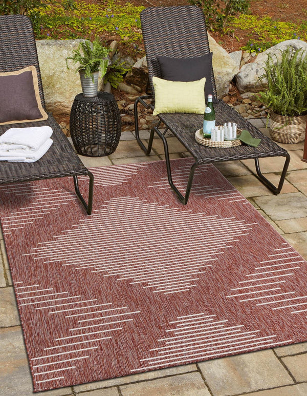 Unique Loom Outdoor Modern Tambor Machine Made Lines Rug Rust Red, Ivory 7' 10" x 10' 0"