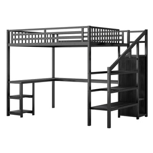 English Elm Metal Queen Loft Bed with Wardrobe, LED Light, L-Shaped Desk and USB Ports for Space-Saving Rooms Black 65.75 L x 17.52 W x 6.3 H W2593S00043