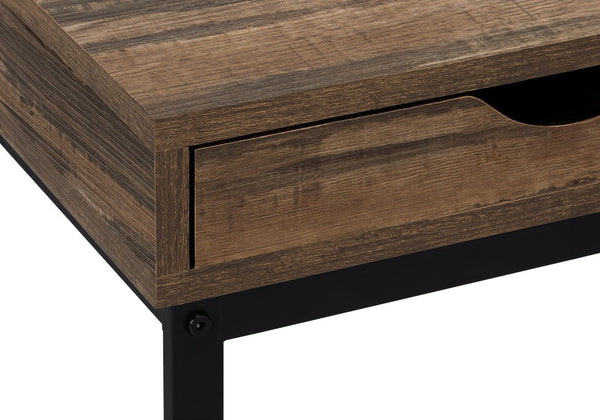 English Elm Accent C-Shaped End Table with Slide-Under Base, Reclaimed Brown Laminate Top & Drawer Storage, Black Metal Frame for Sofa Side Convenience and Modern Living Room Use B2710P219357