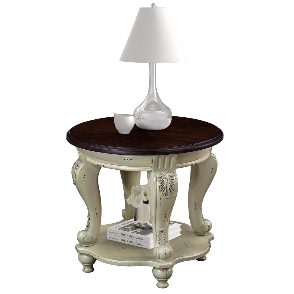 English Elm 22'' Chipped White Antique Two-Tone Round End Table with Shelf, Solid Wood, Heat-Resistant Veneer, Easy Assemble W1202P164016