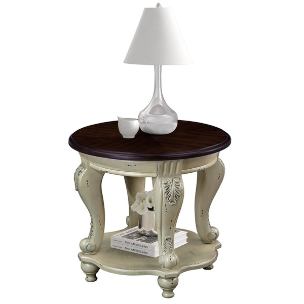 English Elm 22'' Chipped White Antique Two-Tone Round End Table with Shelf, Solid Wood, Heat-Resistant Veneer, Easy Assemble W1202P164016