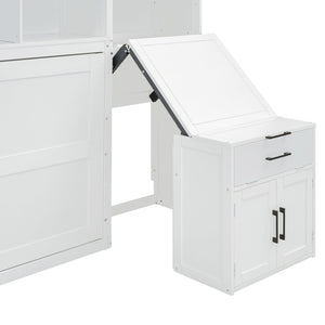English Elm Twin Murphy Wall Bed with Integrated Closet Drawers and Desk for Studio Spaces White LP000595AAK-2