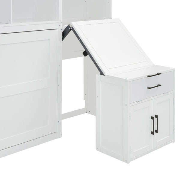 English Elm Twin Murphy Wall Bed with Integrated Closet Drawers and Desk for Studio Spaces White LP000595AAK-2