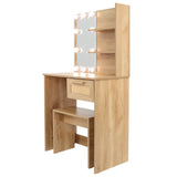 English Elm Vanity Desk Set Stool & Dressing Table With Led Lighting Mirror Drawer and Compartments Modern Wood Cosmetic Table Chest Of Drawers Nature Color