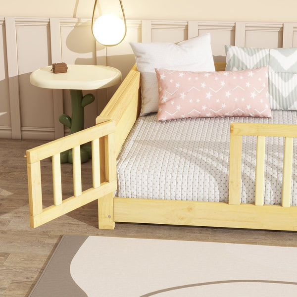 English Elm Twin Size Floor Bed With Book Rack & Fenced Door For Cozy Playtime, Natural Finish Design & Assembly W504P345771-GIGA