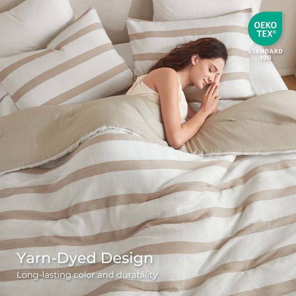 English Elm 3-piece King Yarn-dyed Woven Stripe Comforter Set with Seersucker Texture for Coastal Bedrooms Taupe B035P463217