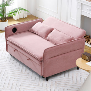 English Elm 65.74-inch convertible letter sofa bed with adjustable armrests, pull-out extension, cup holders, durable frame and plush sponge cushions Pink W3371P311783