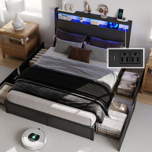 English Elm Full Metal Bed Frame with Rgb Led Headboard Shelving and Built-in Charging Ports T3963P483019
