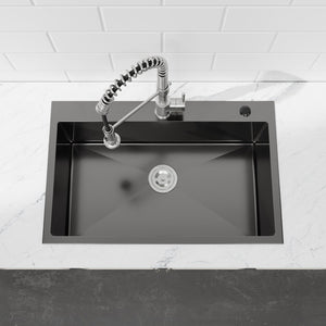 English Elm Stainless Steel Handmade Matte Black Single Bowl Overmount Kitchen Sink Deep Basin T3177P370629