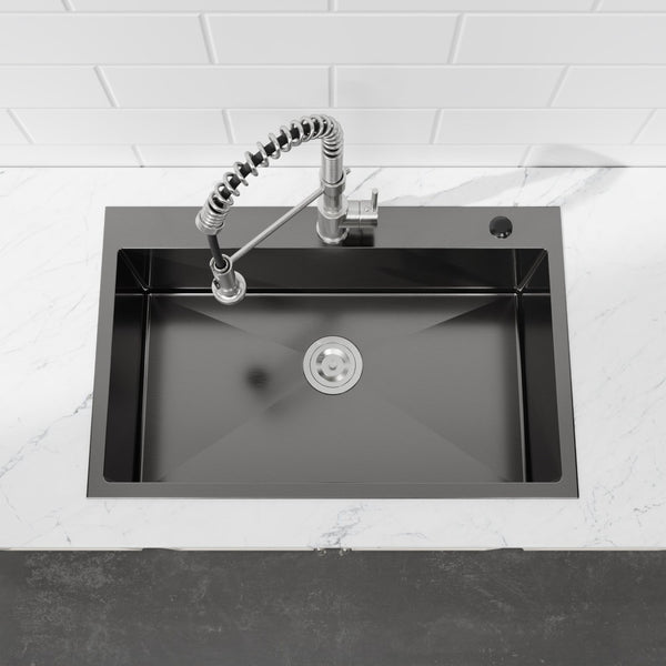 English Elm Stainless Steel Handmade Matte Black Single Bowl Overmount Kitchen Sink Deep Basin T3177P370629