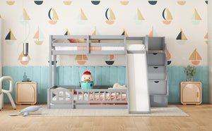 English Elm Twin Over Full Bunk Bed With Slide, Storage Staircase & Safety Guardrails - Grey Pine Design Fun! W504S00184-GIGA