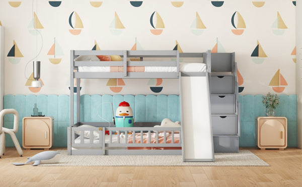 English Elm Twin Over Full Pine Bunk Bed with Fun Slide Storage Staircase and Safety Rails W504P210106