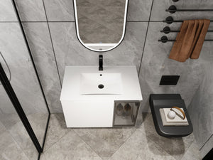 English Elm 30" Floating Bathroom Vanity Glossy White Plywood Cabinet with Frosted Glass Door W999S00524