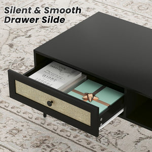 English Elm Mid-Century 47" Rectangle Console Coffee Table with Rattan Drawer & Open Shelf, Metal Legs, Black - Stylish Storage and Durable Design T3623P379996