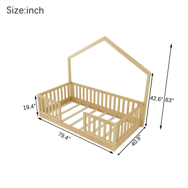 English Elm Twin Montessori Floor Bed House Frame with Led Lighting and Safety Rails for Kids W2593P440601