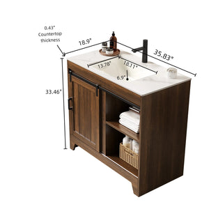 English Elm RIKA 36" Bathroom Vanity with Sintered Stone Countertop, Undermount Ceramic Basin, Walnut Farmhouse Charm W2615S00096