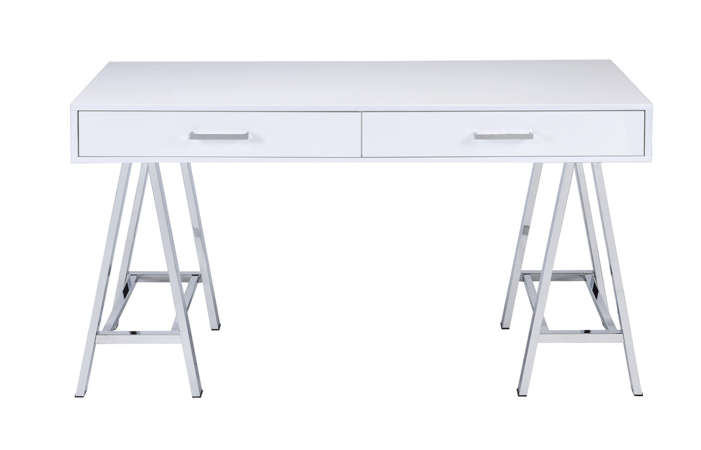 English Elm Coleen White High-Gloss Writing Desk with Chrome Base, Dual Drawers & Built-In USB Charging Port B2726P266610
