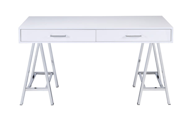 English Elm Coleen White High-Gloss Writing Desk with Chrome Base, Dual Drawers & Built-In USB Charging Port B2726P266610