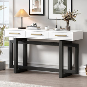 English Elm U_STYLE Elegant Console Table with Three Drawers, Long Slim Entryway Table for Hallway & Foyer Storage Grey+White N711P175776M