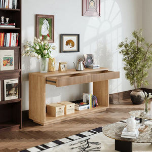 English Elm 60" Modern 2-Drawer Fluted Console Table with Real Wood Veneer, Slim Profile, Sturdy 80lb Capacity, Versatile Entryway Organizer Natural Wood W1435P337640