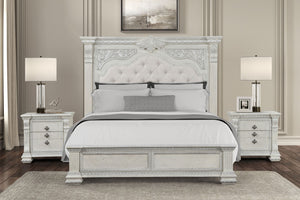 English Elm Ornate Silver Molding Nightstand with Usb Charging Dovetail Drawers Bedroom Storage White B2741P431064