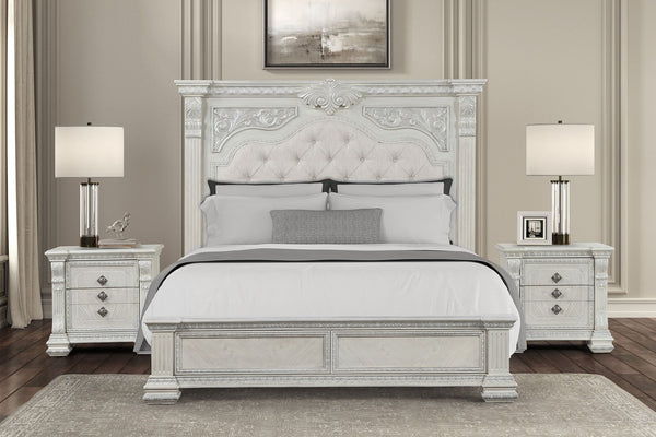 English Elm Ornate Silver Molding Nightstand with Usb Charging Dovetail Drawers Bedroom Storage White B2741P431064