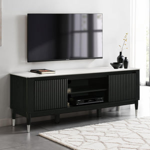 English Elm Contemporary Maidstone TV Console with Sintered Stone Top, Silver-Capped Arrow Legs, Open Storage Black,White 75 L x 21 W x 24 H B2741P402568