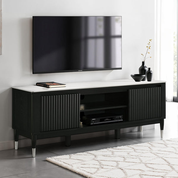 English Elm Contemporary Maidstone TV Console with Sintered Stone Top, Silver-Capped Arrow Legs, Open Storage Black,White 75 L x 21 W x 24 H B2741P402568