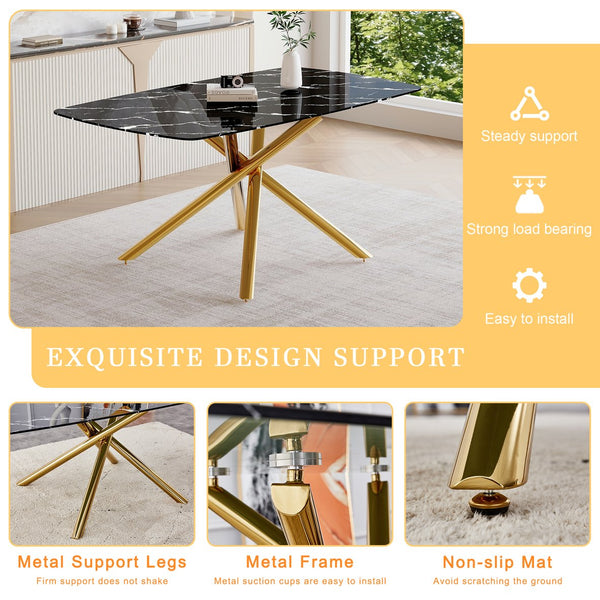 English Elm 63"x35.4" Luxurious Marble-Patterned Tempered Glass Dining Table with Gold Fork Legs, Scratch-Resistant Elegance Black+Gold W1151S03298