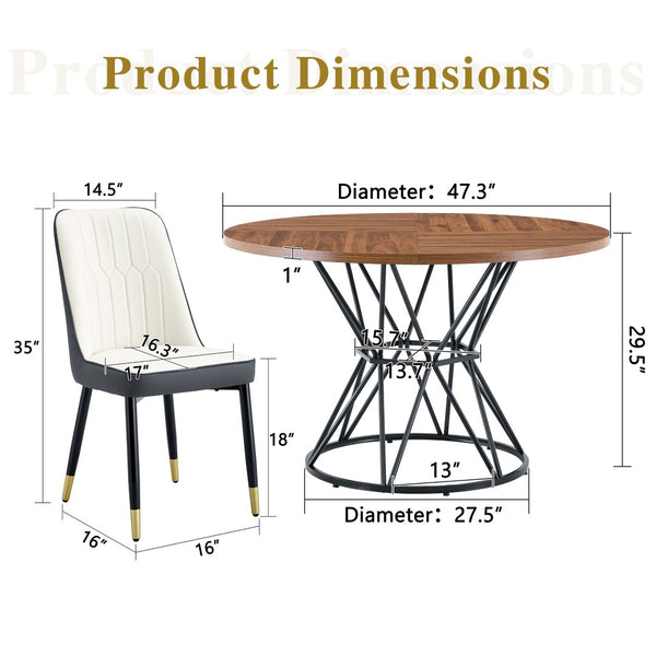 English Elm Table and Chair Set Round Walnut Mdf Dining with Six Two-tone Pu Seats Gold Legs W1151S04844