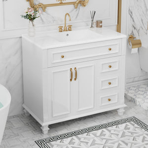 English Elm 36" Modern Bathroom Vanity with Ceramic Sink, Gold Handles, Flip-Out Drawer & Soft-Close Doors White N725P283623K