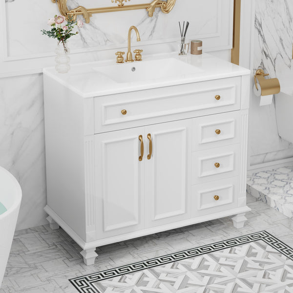 English Elm 36" Modern Bathroom Vanity with Ceramic Sink, Gold Handles, Flip-Out Drawer & Soft-Close Doors White N725P283623K