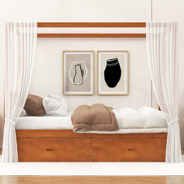 English Elm Wooden Canopy Queen Bed Solid Frame with Built-in Storage Drawers Slatted Base Walnut N7090005037L