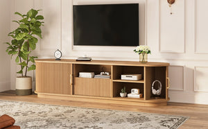 English Elm Vintage Farmhouse Media Console with Slatted Sliding Doors and Brass Hardware for Living Room Natural N721P427206D