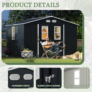 English Elm Outdoor Metal Storage Shed 8x10 with Four Windows Lockable Doors Waterproof Steel W1598S00038