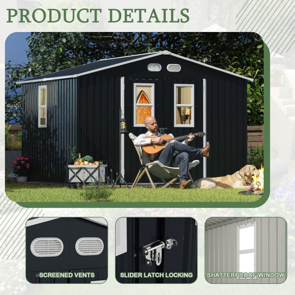 English Elm Outdoor Metal Storage Shed 8x10 with Four Windows Lockable Doors Waterproof Steel W1598S00038